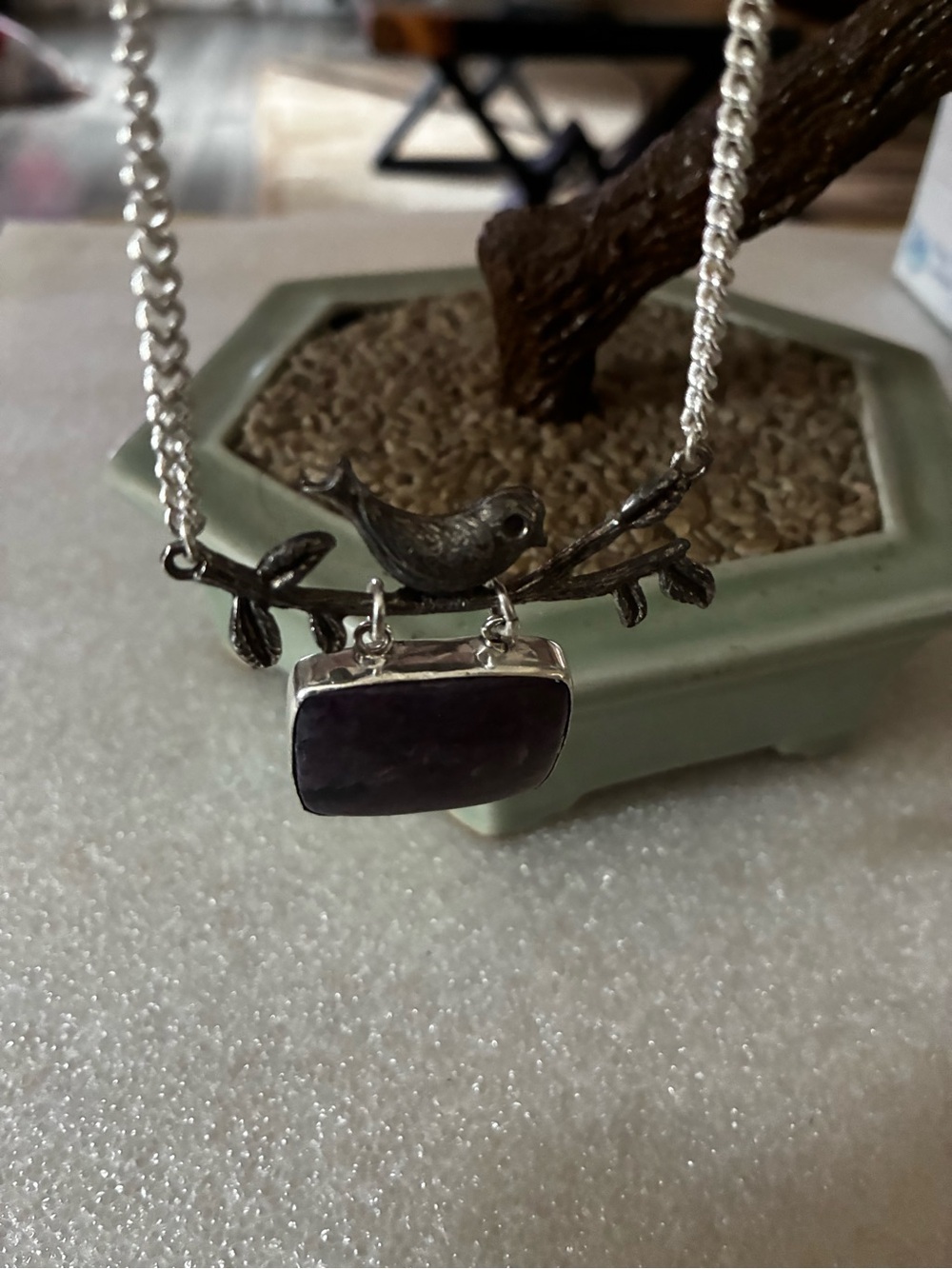 Silver Bird Branch Necklace with Dark Purple Stone -